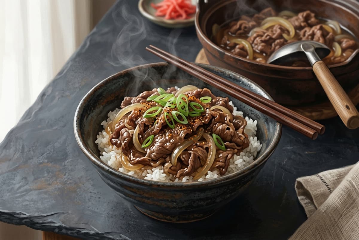 A gyudon beef bowl with thin sliced beef and onions over rice