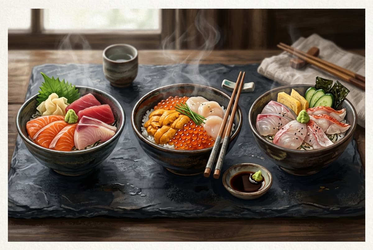 A kaisendon seafood rice bowl topped with sashimi and salmon roe