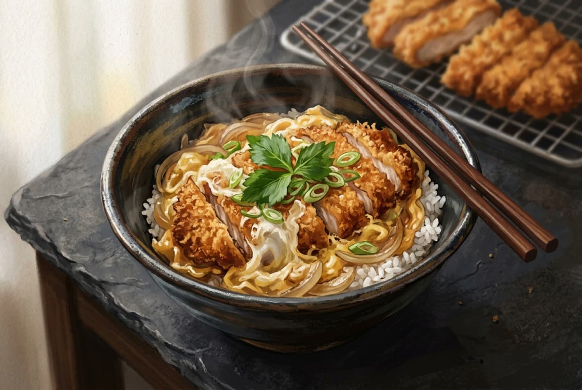 A katsudon bowl with a crumbed pork cutlet and egg over rice
