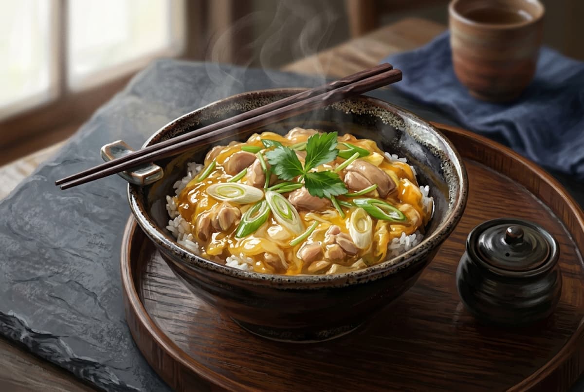 An oyakodon bowl of chicken and egg over rice