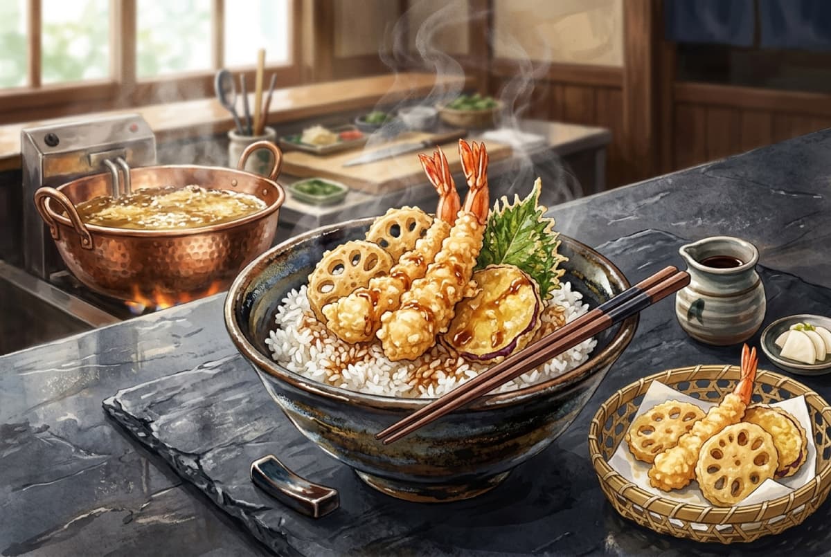 A tendon bowl of tempura prawn and vegetables over rice