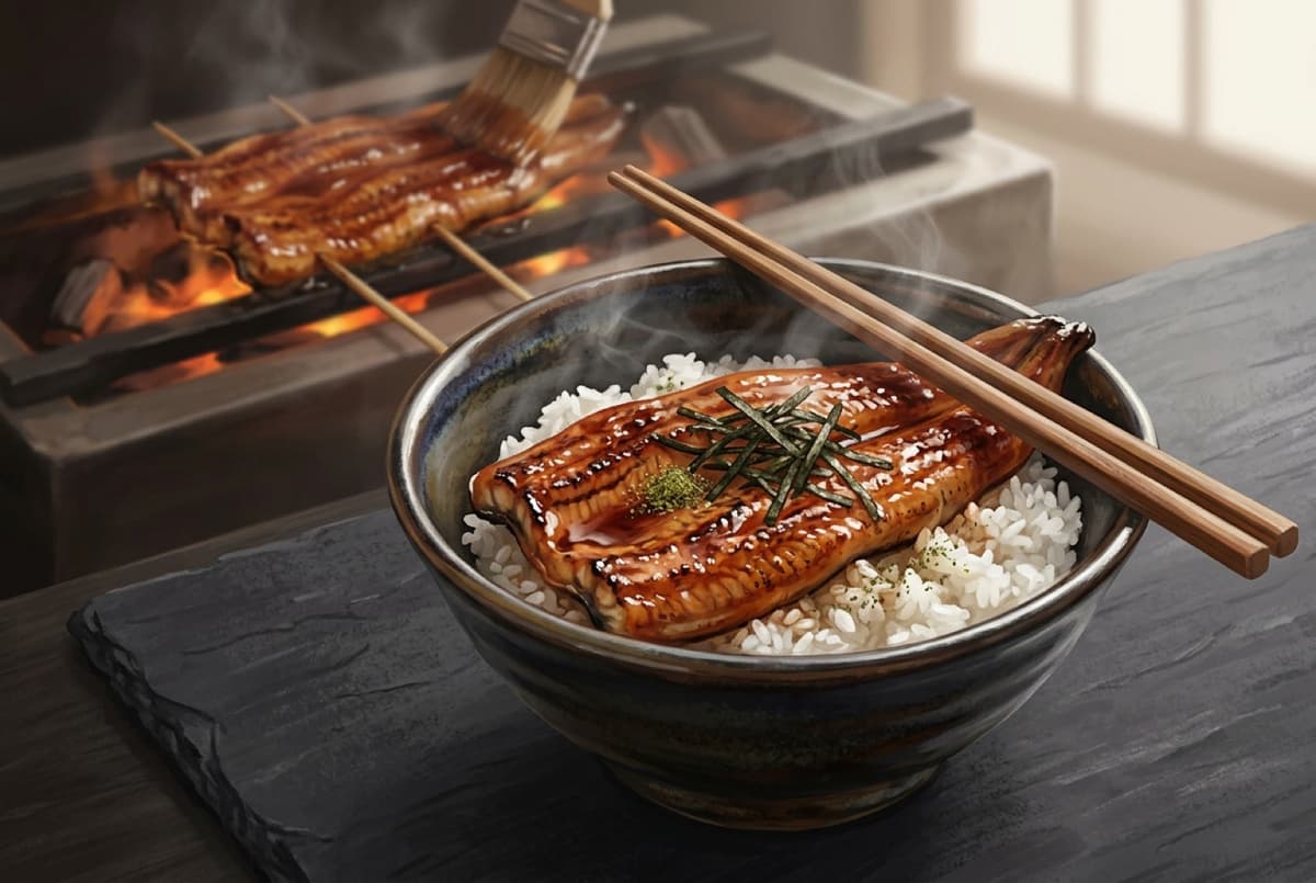 A grilled eel unagi don over rice