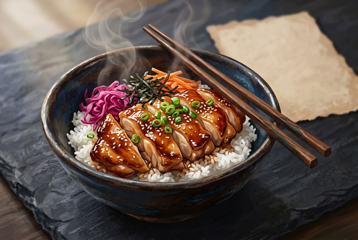 A Japanese rice bowl topped with chicken and egg